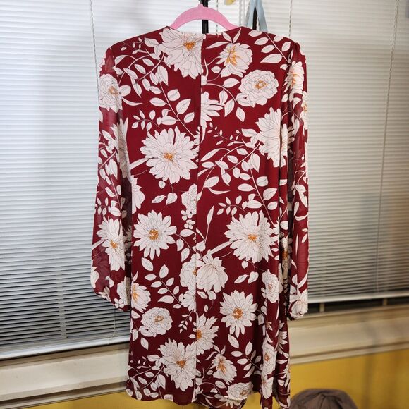 Row A XL $175 Burgundy Hydrangea Floral Wrap Mini Dress Cottagecore Chic - Picture 5 of 11